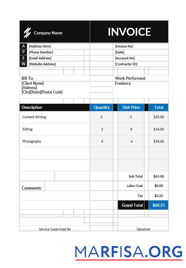 Printable Self Employment Contractor Invoice Template